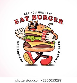 Cartoon burger mascot walking while carrying a drink. Perfect for logos, mascots, t-shirts, stickers and posters