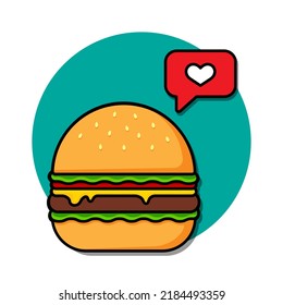 Cartoon burger and message with heart.Good idea, love message. Vector illustration.