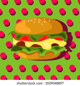 Cartoon burger on dot background. Vector illustration 