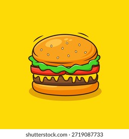 Hamburguesa de dibujos animados sobre un fondo amarillo. Ilustración vectorial
