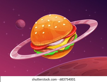 Cartoon burger planet icon on space background. Food space concept. Hamburger vector illustration.