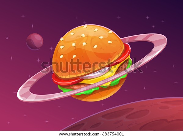 空間の背景にカートーンバーガーの惑星アイコン 食べ物空間のコンセプト ハンバーガーのベクターイラスト のベクター画像素材 ロイヤリティフリー