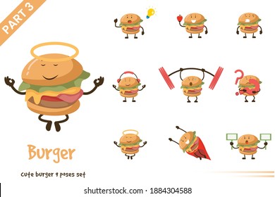 Cartoon burger poses set. Vector illustration. Isolated on white background.