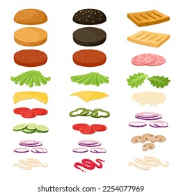 Hamburguesa de dibujos animados e ingredientes para bocadillos. Bun, verduras, carne patada, constructor de comida rápida, cerdo, queso y salsa ilustración vectorial plana puesta en fondo blanco