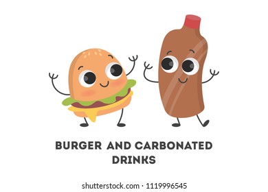 Cartoon burger and soda on white background.