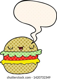 cartoon burger with speech bubble in comic book style