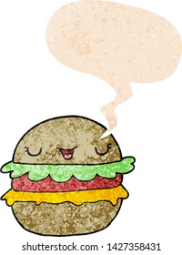 hamburguesa de dibujos animados con burbuja de habla en un estilo retro angustiado y texturado
