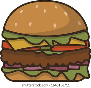 Cartoon burger with vegetables and cutlet