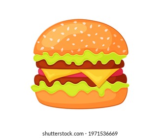 Cartoon burger with vegetables and cutlet. Vector illustration of fast food. Insulated on a white background. American food
