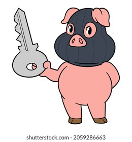 Cartoon Burglar Pig Holding Key Illustration