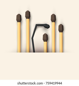 Cartoon burned and whole match in polygonal paper style. Vector illustration.