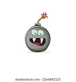 Caricatura quemando personajes de bomba aislados en fondo blanco. Funky personaje de bomba con ojos y boca. Pinza de paracaidismo vectorial, emoji, etiqueta y pegatina