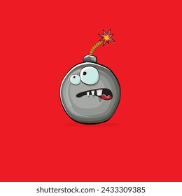Cartoon brennende Bombe Charaktere auf rotem Hintergrund isoliert. Funky Bombe Charakter mit Augen und Mund. Vektor-Bombe ClipArt, Emoji, Etikett und Aufkleber