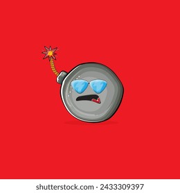 Caricatura quemando personajes de la bomba aislados sobre fondo rojo. Funky personaje bomba con ojos y boca. Vector bomba clip art, emoji, etiqueta y pegatina