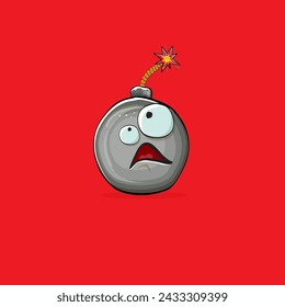 Cartoon burning bomb characters isolated on red background. Funky bomb character with eyes and mouth. Vector bomb clip art, emoji, label and sticker