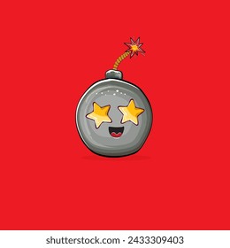 Caricatura quemando personajes de la bomba aislados sobre fondo rojo. Funky personaje bomba con ojos y boca. Vector bomba clip art, emoji, etiqueta y pegatina