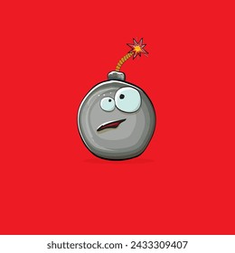 Caricatura quemando personajes de la bomba aislados sobre fondo rojo. Funky personaje bomba con ojos y boca. Vector bomba clip art, emoji, etiqueta y pegatina