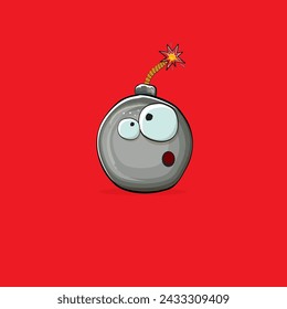Cartoon burning bomb characters isolated on red background. Funky bomb character with eyes and mouth. Vector bomb clip art, emoji, label and sticker