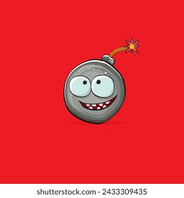 Cartoon burning bomb characters isolated on red background. Funky bomb character with eyes and mouth. Vector bomb clip art, emoji, label and sticker