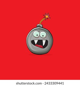 Cartoon burning bomb characters isolated on red background. Funky bomb character with eyes and mouth. Vector bomb clip art, emoji, label and sticker