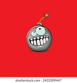 Cartoon burning bomb characters isolated on red background. Funky bomb character with eyes and mouth. Vector bomb clip art, emoji, label and sticker