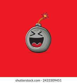 Cartoon burning bomb characters isolated on red background. Funky bomb character with eyes and mouth. Vector bomb clip art, emoji, label and sticker