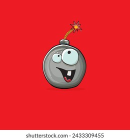Caricatura quemando personajes de la bomba aislados sobre fondo rojo. Funky personaje bomba con ojos y boca. Vector bomba clip art, emoji, etiqueta y pegatina