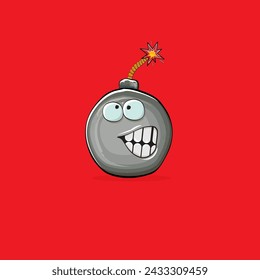 Cartoon brennende Bombe Charaktere auf rotem Hintergrund isoliert. Funky Bombe Charakter mit Augen und Mund. Vektor-Bombe ClipArt, Emoji, Etikett und Aufkleber