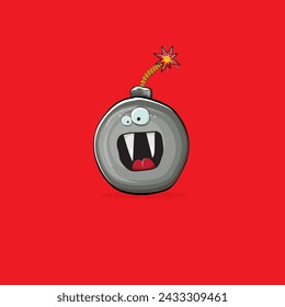 Caricatura quemando personajes de la bomba aislados sobre fondo rojo. Funky personaje bomba con ojos y boca. Vector bomba clip art, emoji, etiqueta y pegatina