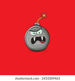 Caricatura quemando personajes de la bomba aislados sobre fondo rojo. Funky personaje bomba con ojos y boca. Vector bomba clip art, emoji, etiqueta y pegatina