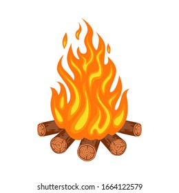 Cartoon burning bonfire isolated on a white background. Campfire and firewood. Vector flat stock illustration.