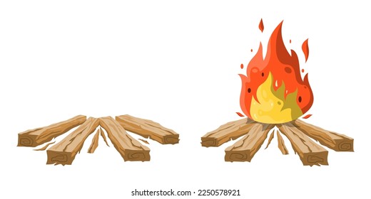 Caricatura quemando hoguera con maderas viejas en un fondo aislado, ilustración vectorial.