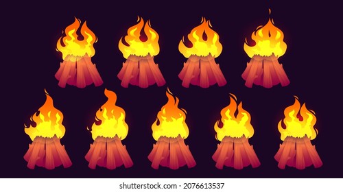 Cartoon burning camp fire flames with, campfire with woods and long tongues game animation sprite. Orange and yellow shining flare blaze, inferno ignition isolated on black background Vector icons set