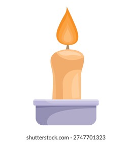 Cartoon burning candle emitting light on a candlestick holder, perfect for spiritual, religious or memorial concepts