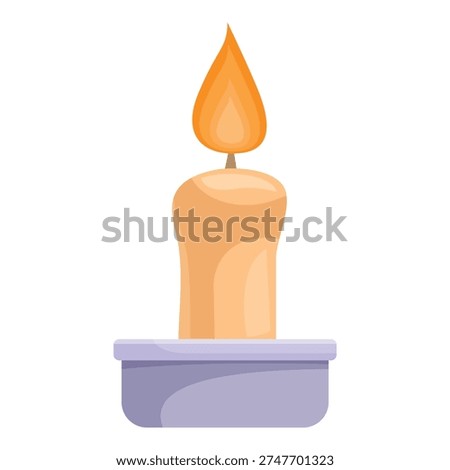 Cartoon burning candle emitting light on a candlestick holder, perfect for spiritual, religious or memorial concepts