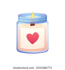 Cartoon burning candle in glass jar. Gift candle for Valentine's Day. Vector isolated illustration