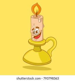 cartoon burning candle on a candlestick, vector illustration