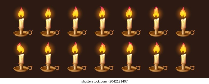 Cartoon burning candles in candlestick motion sequence animation, sprite movement, glowing lights with melted wax. Ui or gui design elements for computer game, isolated vector illustration, icons set