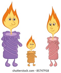 Cartoon, burning candles, family: mom, father and baby. Vector