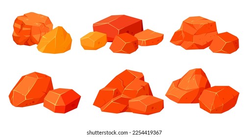 Cartoon burning coal. flaming smoking charcoal, glowing embers burning coals flat vector illustration set on white background