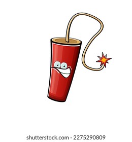 Cartoon burning dynamite characters isolated on white background. Funky red dynamite character with eyes and mouth. Vector bomb clip art, emoji, label and sticker