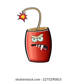 Caricatura quemando caracteres dinamitas aislados en fondo blanco. Carácter rojo dinamita funky con ojos y boca. Pintura de clip de bomba vectora, emoticonos, etiquetas y pegatinas