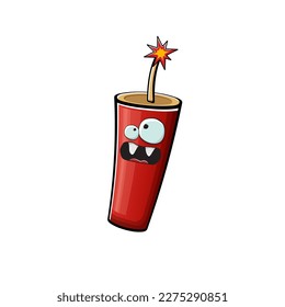 Cartoon burning dynamite characters isolated on white background. Funky red dynamite character with eyes and mouth. Vector bomb clip art, emoji, label and sticker