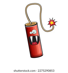Caricatura quemando caracteres dinamitas aislados en fondo blanco. Carácter rojo dinamita funky con ojos y boca. Pintura de clip de bomba vectora, emoticonos, etiquetas y pegatinas