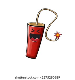 Caricatura quemando caracteres dinamitas aislados en fondo blanco. Carácter rojo dinamita funky con ojos y boca. Pintura de clip de bomba vectora, emoticonos, etiquetas y pegatinas