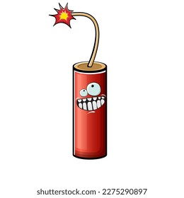 Caricatura quemando caracteres dinamitas aislados en fondo blanco. Carácter rojo dinamita funky con ojos y boca. Pintura de clip de bomba vectora, emoticonos, etiquetas y pegatinas