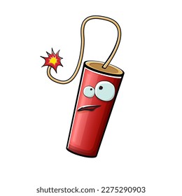 Caricatura quemando caracteres dinamitas aislados en fondo blanco. Carácter rojo dinamita funky con ojos y boca. Pintura de clip de bomba vectora, emoticonos, etiquetas y pegatinas