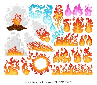 Cartoon brennende Feuer-Flamme wirft Vektorsymbole Illustrationen Set. Wildfire-Kollektion