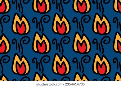 Cartoon brennende Flamme eines Feuers. Naturelemente. Magie. Trendfarbenes, stilvolles, modisches, nahtloses Vektormuster für Design und Dekoration.