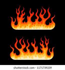 Cartoon burning flames element. Two decoration element with hot blazing fire flame in yellow, orange and red colors isolated on black background. Vector illustration for web design or flammable emblem